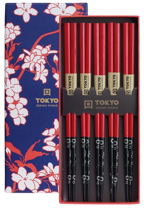 Tokyo Design Studio - Chopsticks Set - Rood Zwart Bloem - 5 paar