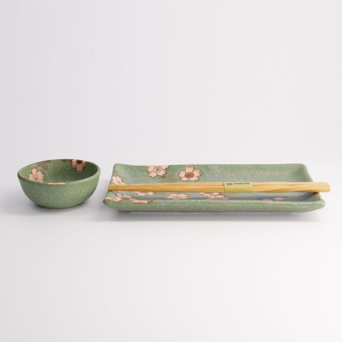 Tokyo Design Studio - Sakura Groen Sushi Set - 2 stuks - Inclusief Chopsticks - 22,5x12,7cm & 8,6x3,6cm - Afbeelding 2