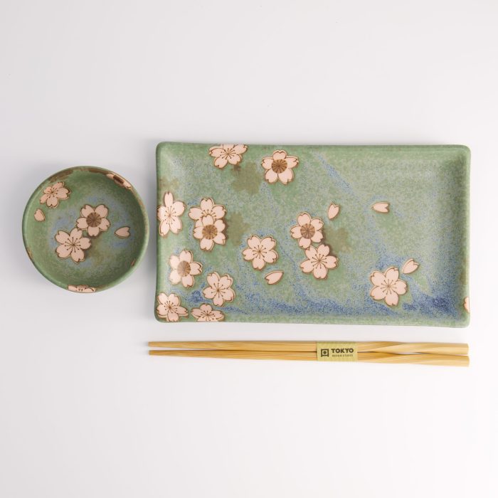 Tokyo Design Studio - Sakura Groen Sushi Set - 2 stuks - Inclusief Chopsticks - 22,5x12,7cm & 8,6x3,6cm - Afbeelding 3